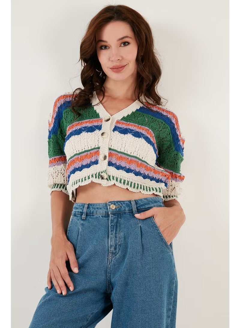 Lela Colored V-Neck Openwork Crop Cardigan Women's Cardigan 6071583 - Image 1
